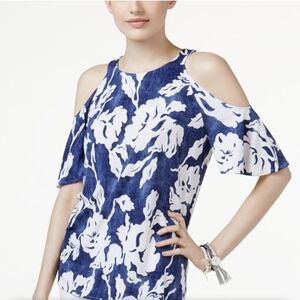INC International Concepts | Floral Flowy Blue White Shoulder Cutout Top Size M